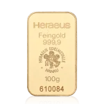 100g Heraeus gold bar 999.9 fine gold bullion