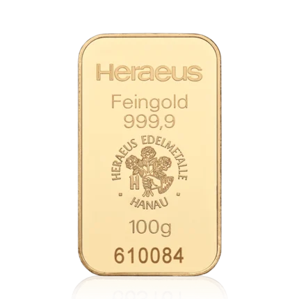100g Heraeus gold bar 999.9 fine gold bullion