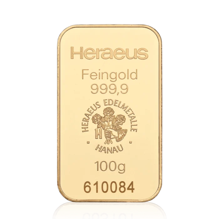 100g Heraeus gold bar 999.9 fine gold bullion