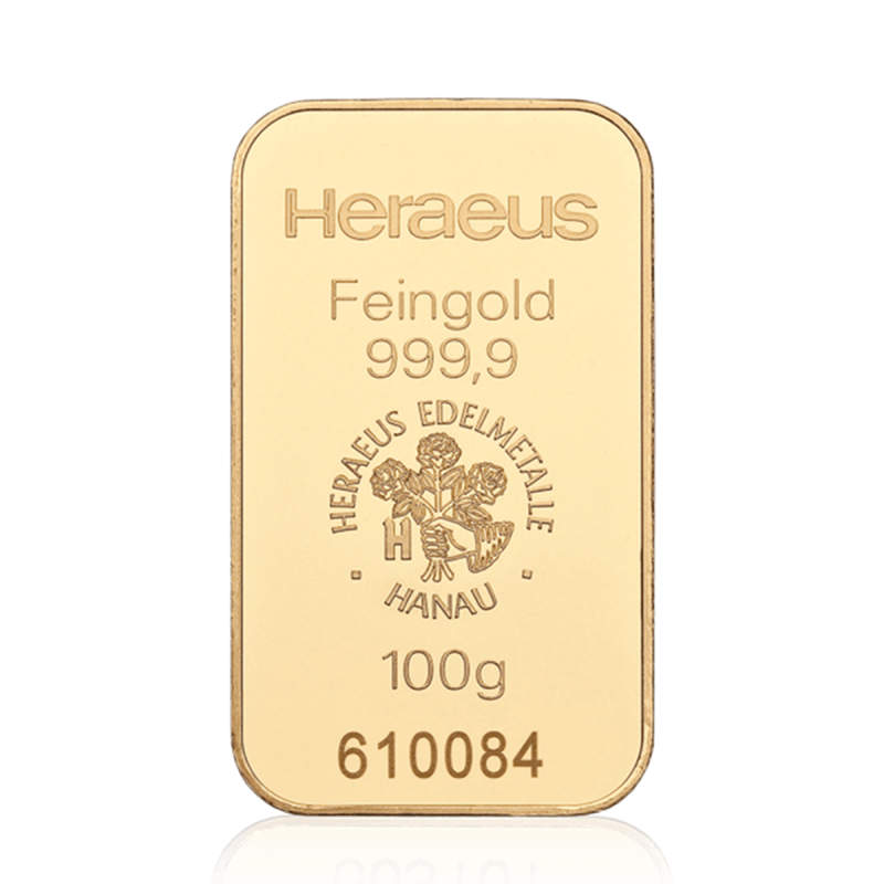 100g Heraeus gold bar 999.9 fine gold bullion