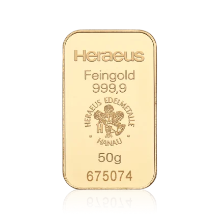 50g Heraeus gold bar 999.9 fine gold bullion