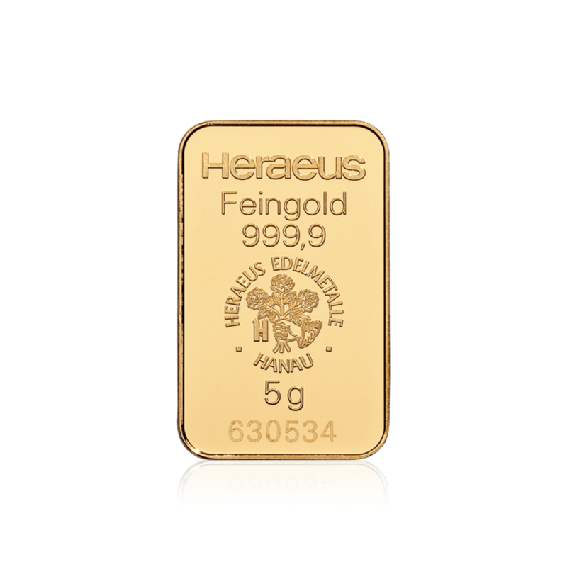 5g Heraeus gold bar 999.9 fine gold bullion