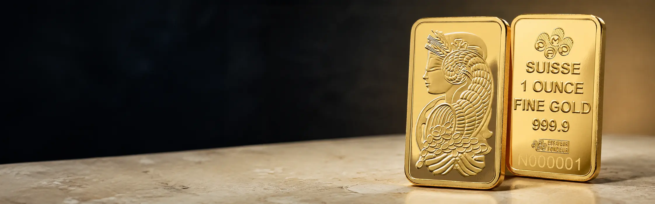 Front and back view of 1 oz PAMP Suisse gold bar