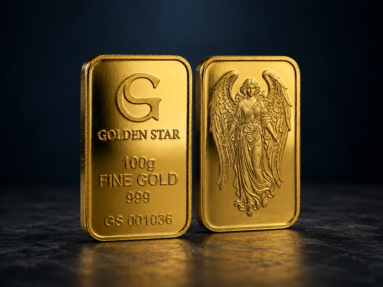 Golden Star 100g gold bars shown front and back for pre sale reservation