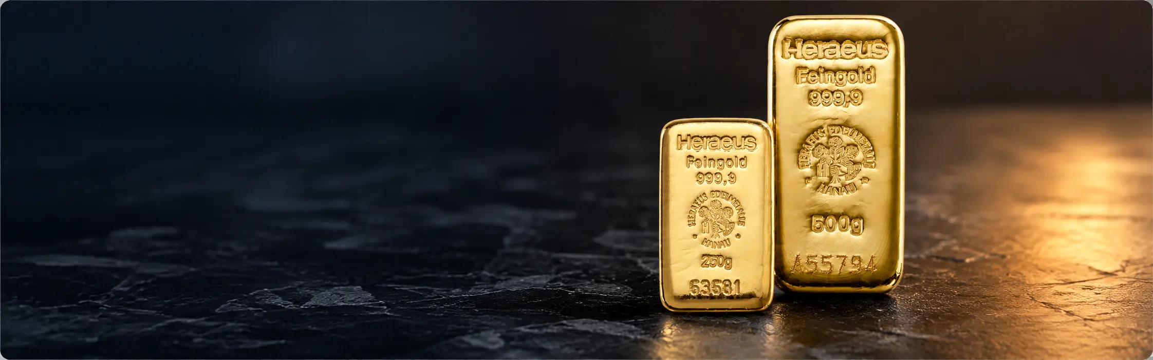 Investment-grade Heraeus gold bars in 250g and 500g weights